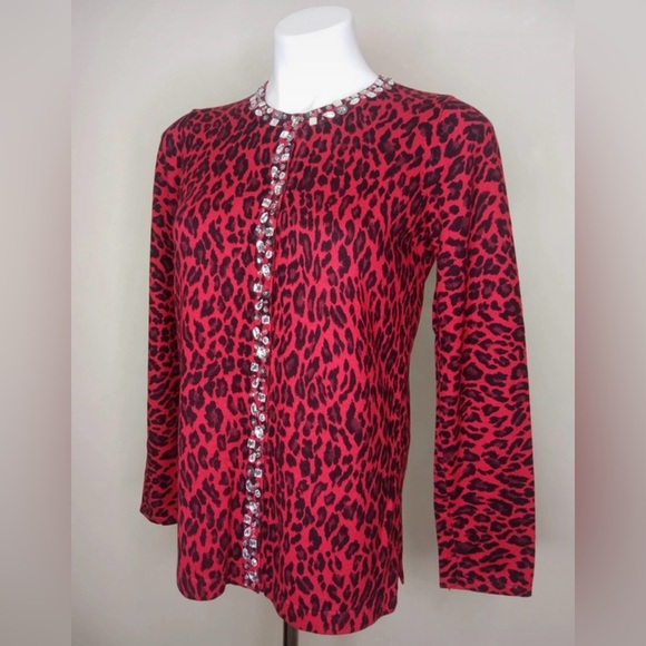 Quacker Factory Red Leopard Print Cardigan XXS Jeweled Trim - Picture 3 of 11